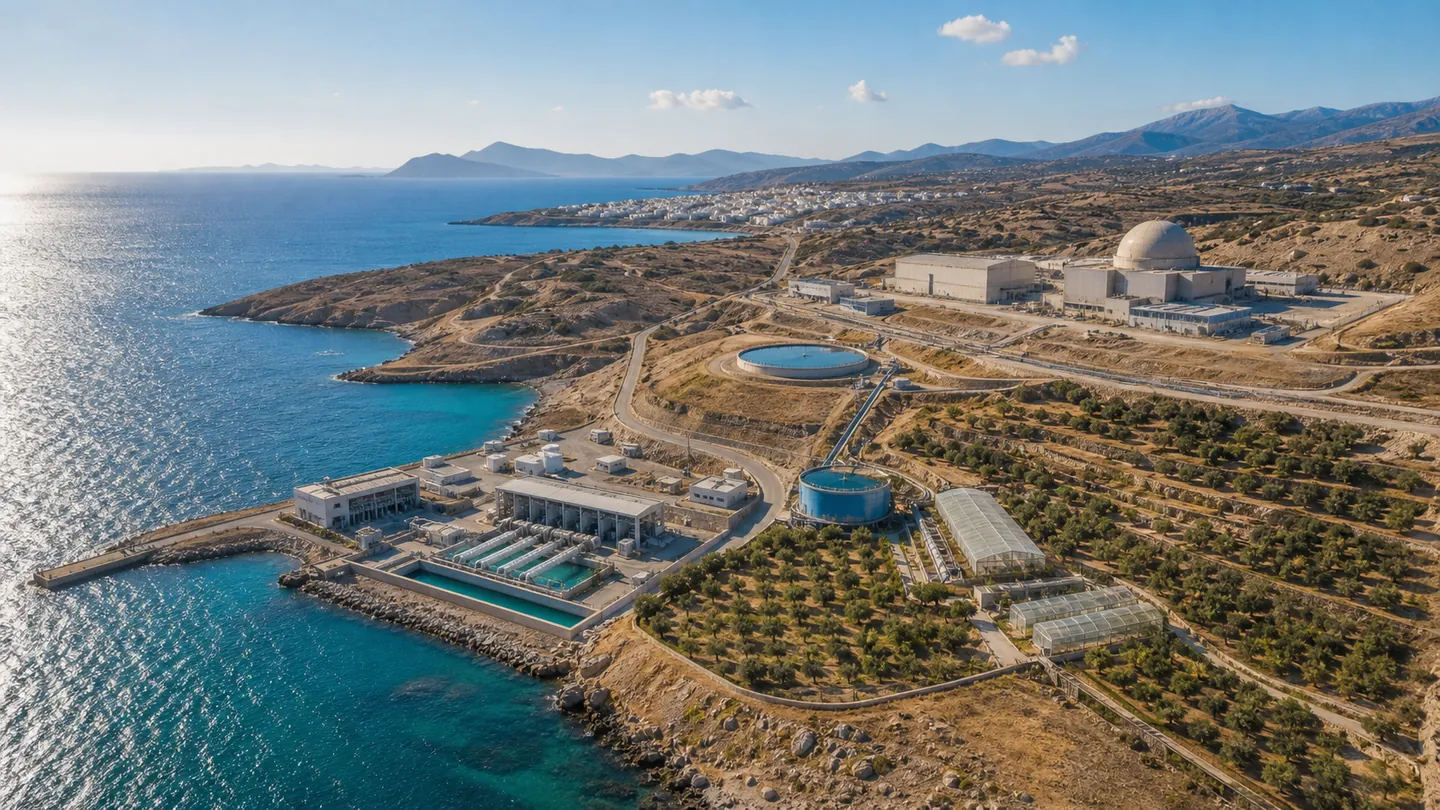 Βραχώδης ακτή από ψηλά, με ελαιώνες, μονάδα αφαλάτωσης κοντά στη θάλασσα και κτίρια σταθμού με θόλο περιοριστικού κελύφους στο βάθος.