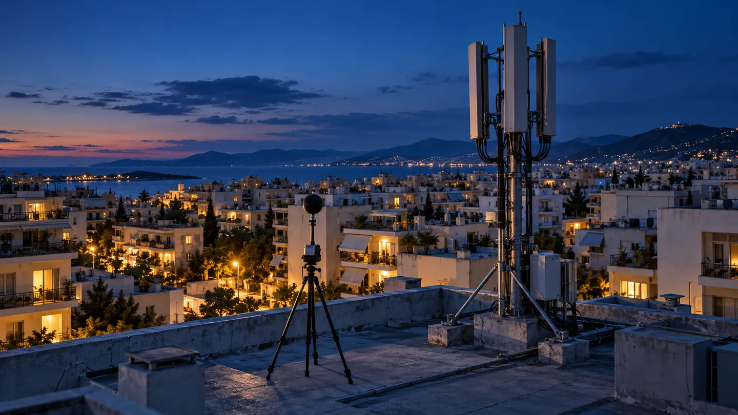 Σούρουπο πάνω από πολυκατοικίες ελληνικής πόλης· σε μια ταράτσα, ιστός σταθμού βάσης με τρεις κεραίες και όργανο μέτρησης σε τρίποδο.