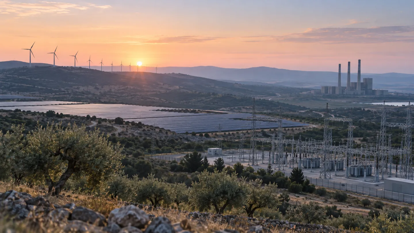 Μεσογειακό τοπίο την αυγή: ανεμογεννήτριες στις κορυφογραμμές, πεδίο φωτοβολταϊκών, υποσταθμός σε πρώτο πλάνο και, στο βάθος, παλιός θερμικός σταθμός με ψηλές καμινάδες χωρίς καπνό.